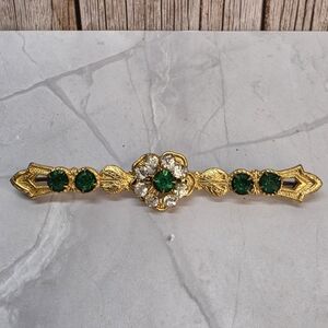Vintage Green Rhinestone Bar Brooch Gold Tone Floral Elegant